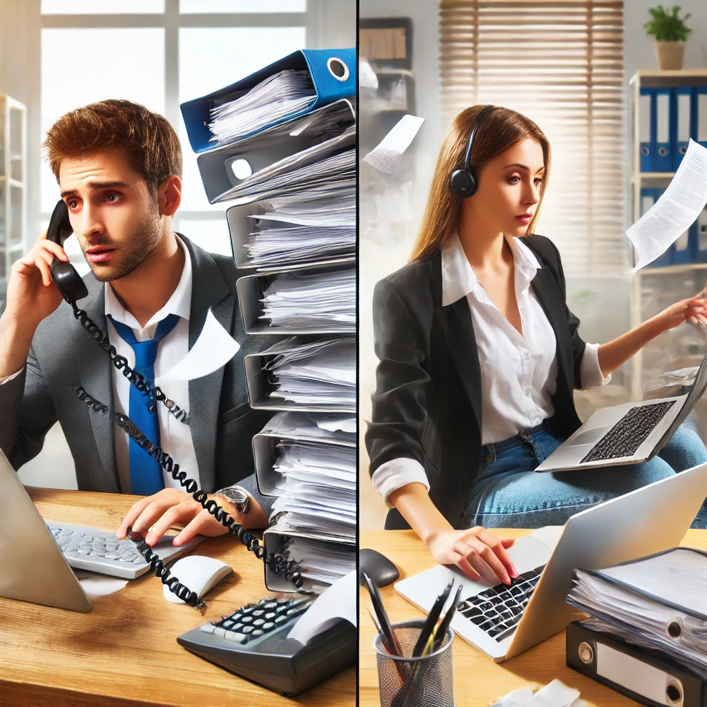 Un entrepreneur occupé est assis à un bureau désorganisé, ayant l'air stressé tout en accomplissant plusieurs tâches simultanément, telles que répondre à des e-mails, passer des appels téléphoniques et gérer des documents
