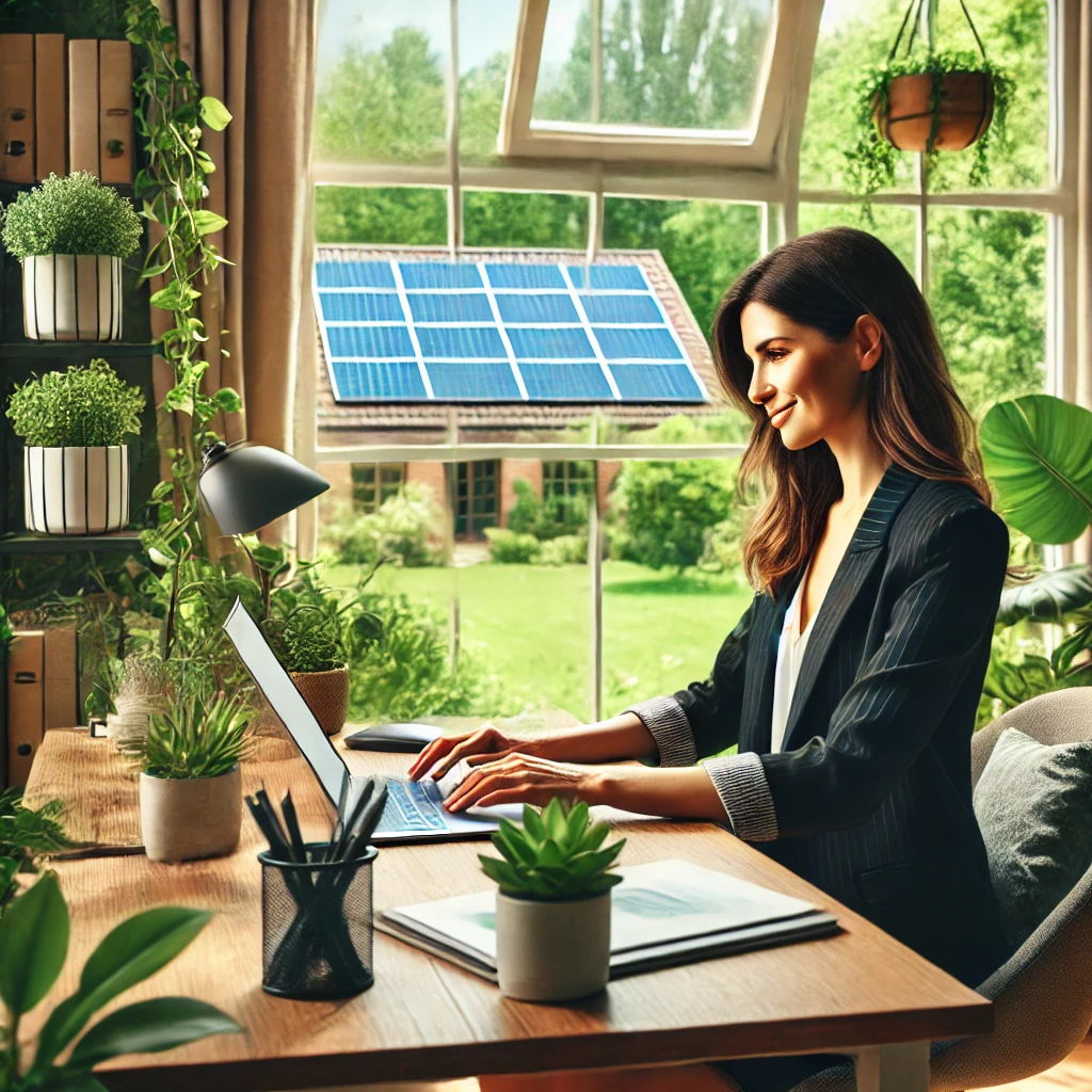 Secrétaire indépendante travaillant à distance dans un bureau écologique à domicile, assise à un bureau avec un ordinateur portable et entourée de plantes vertes.
